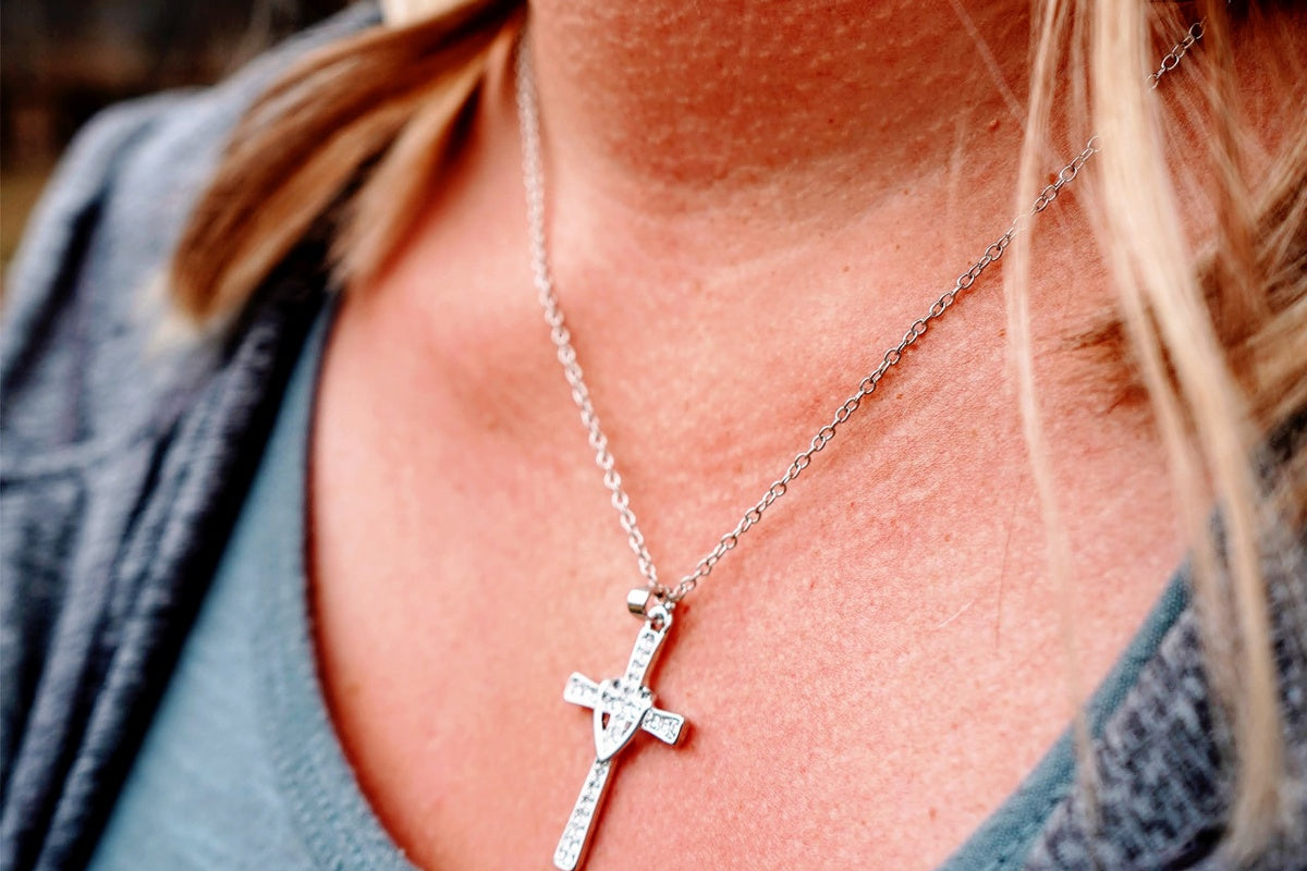 Silver Cross necklace with heart wrap (Silver Plated and Crystal)