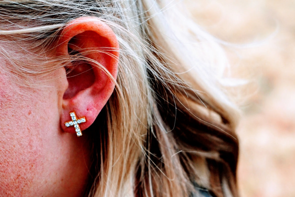 Cross Stud Earrings (Gold plated and Crystal)