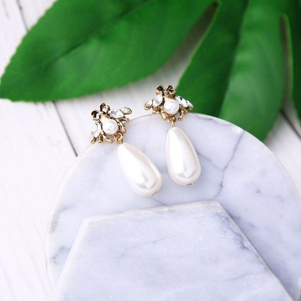 Dangle Insect + Pearl Earrings