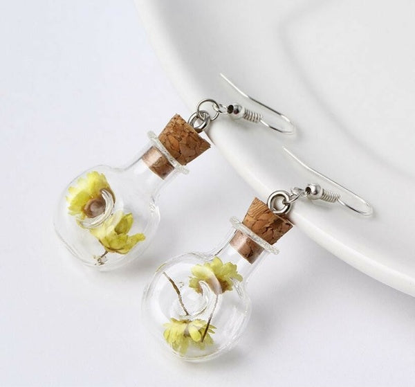 Dried Flowers in Corked Glass Bottle Dangly Earrings