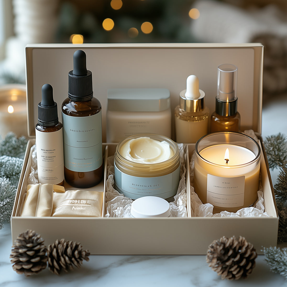 A box of self-care products: masks, candles & more