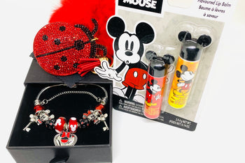 Disney Anniversary Bundle: Vintage Silver Red & Black Charm Bracelet, Mickey Mouse Chapstick and Keychain