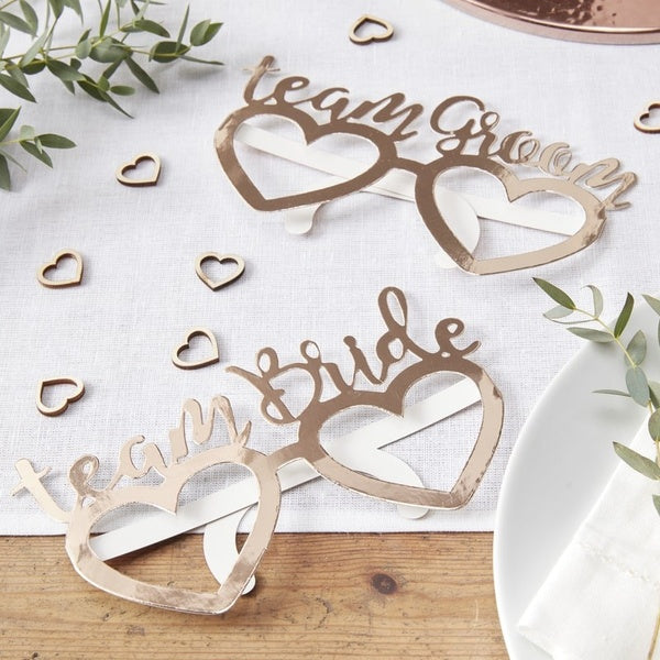 Rose Gold Foiled "Team Bride Team Groom" Fun Glasses