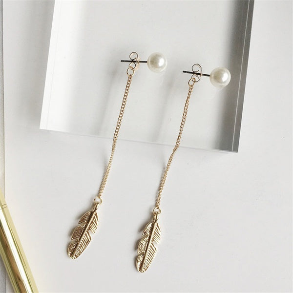 Dangly Gold Leaf + Pearl Earrings