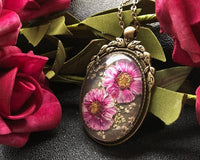 Glass-Preserved Flowers in a Textured Bronze Frame Necklace