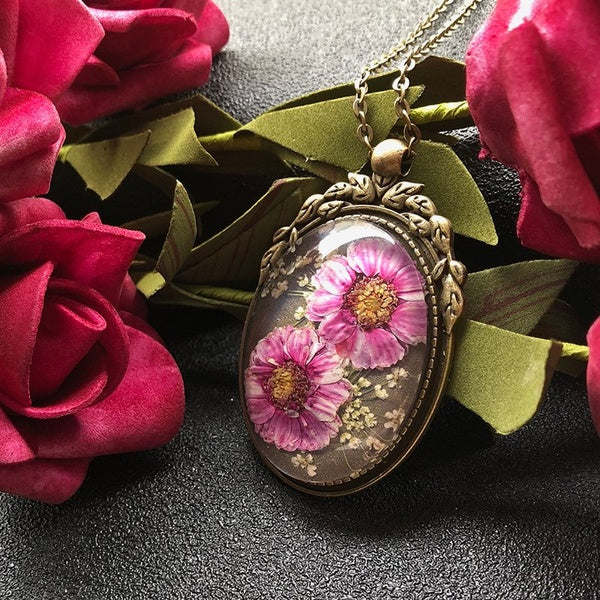 Glass-Preserved Flowers in a Textured Bronze Frame Necklace