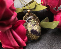 Glass-Preserved Purple+White Flowers in a Textured Bronze Frame Necklace