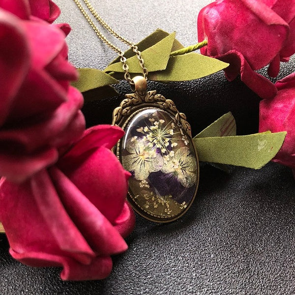 Glass-Preserved Purple+White Flowers in a Textured Bronze Frame Necklace