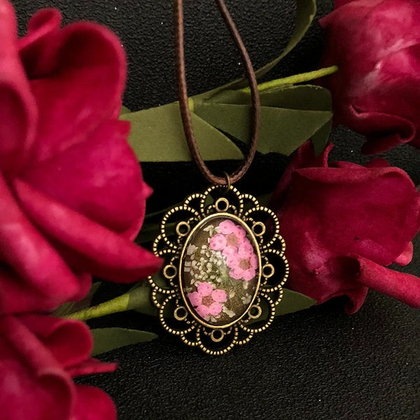 Glass-Preserved Pink+White Flowers in a Textured Bronze Frame Necklace