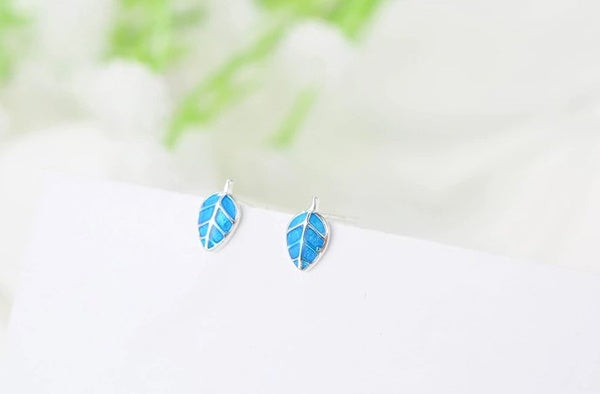 Dainty Sterling Silver Blue Leaf Earrings