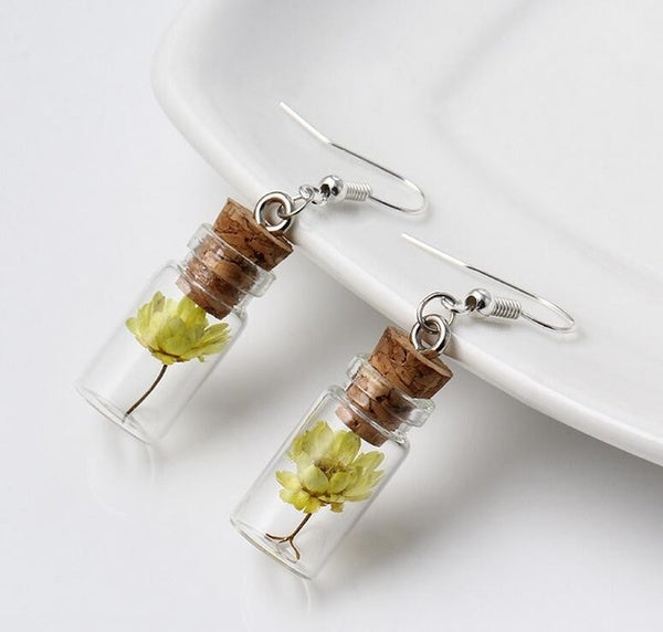 Dried Flowers in Corked Glass Bottle Dangly Earrings