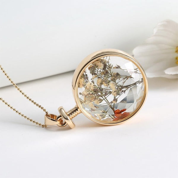 Beveled Glass Gold Necklace with Beige and Orange Flowers