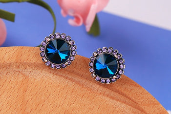 Large Blue Gem and Rhinestone Stud Earrings