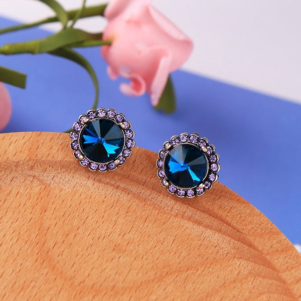 Large Blue Gem and Rhinestone Stud Earrings