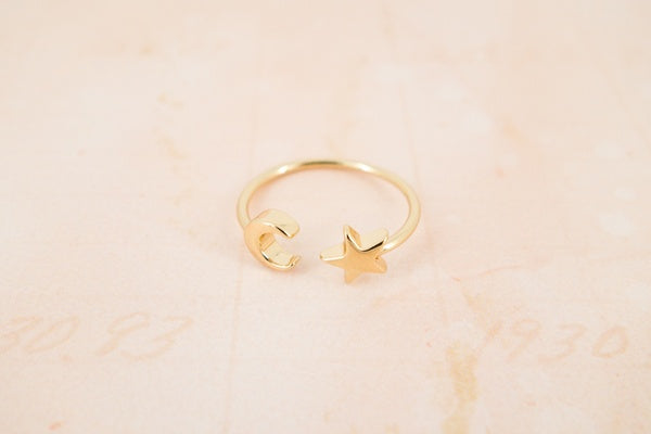 Crescent Moon & Star Adjustable Ring