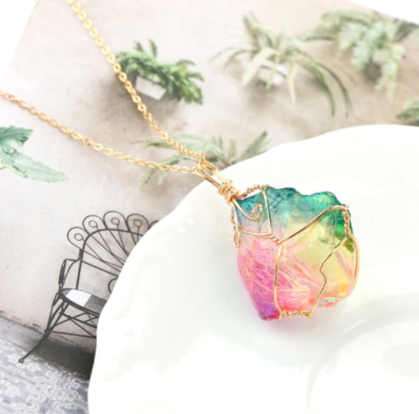 Rainbow/Unicorn Stone + Gold Wire Necklace