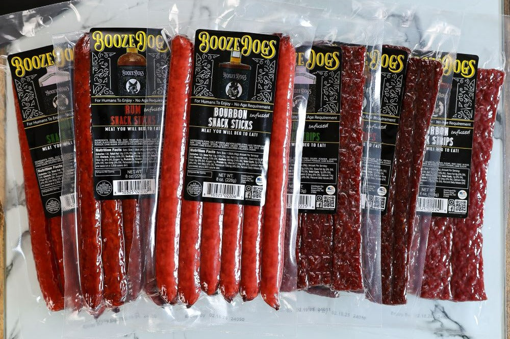 Boozy Jerky Style Steak Strip & Snack Stick Variety 6 Packages // 30 Servings