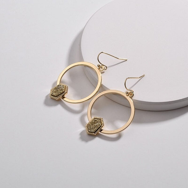 Gold Hexagon Hoop Dangly Earrings