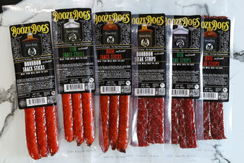 Snack Size: Boozy Jerky Style Steak Strip & Snack Stick Variety 6 Packages // 15 Servings