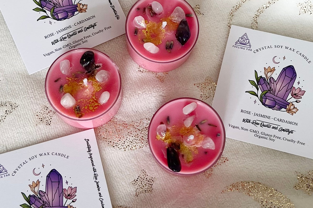 Amethyst and Rose Quartz Soy Wax Candle 'Rose • Jasmine • Cardamom' (Set of Three Candles) by FFB